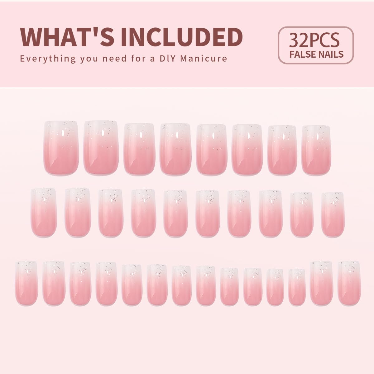 Curvlife Bling Coffin Press on Nails Short Square Acrylic Fake Nails with Apricot Design Full Cover False Nails Glossy Gradient Artificial Stick on Nails for Women 24Pcs (Gradient Nude White)