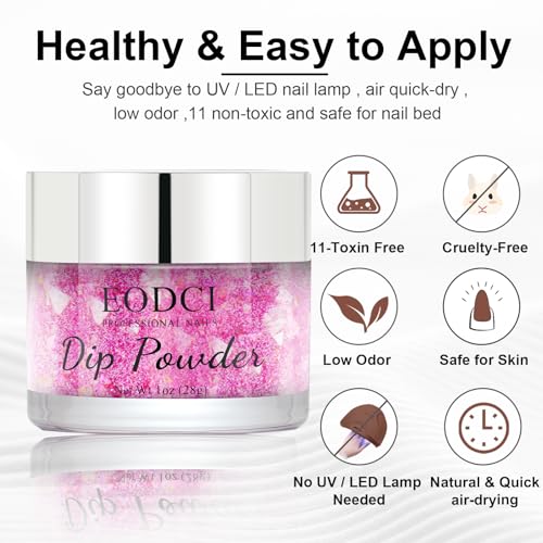 EODCI Dip Powder Glitter Color, Rose Red With Opal Flakes/Glitter Dipping powder 28+ Long-Lasting Build Powder Pro System Salon DIY at Home No Needed Lamp Cured