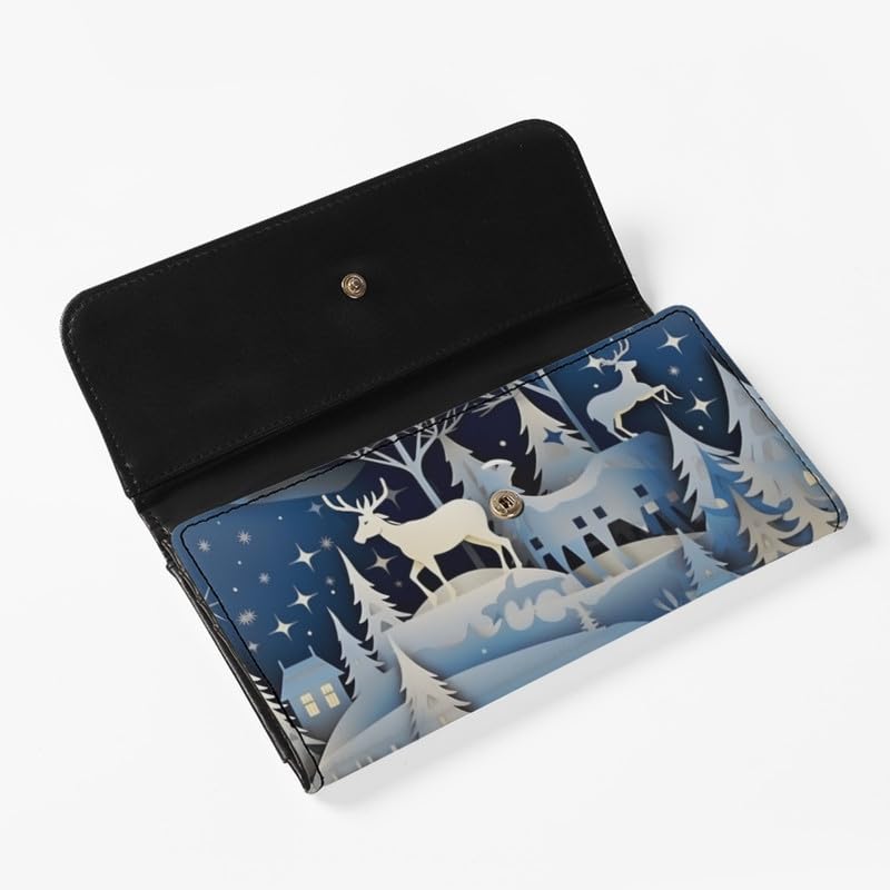 Jolamirel Womens Christmas Gift Trifold Wallets Snow Town Reindeer Large Capacity Wallet Paper Craving Pine Forest Deer PU Luxury Leather Ladies Long Slim Card Holder Purse