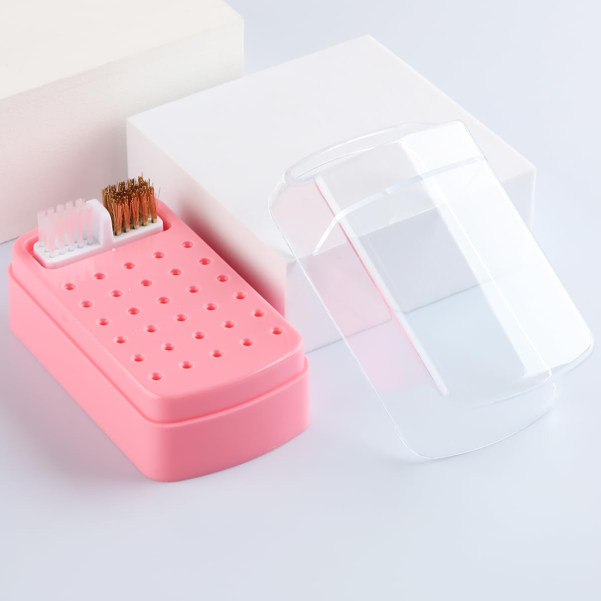 Fcozpjk 2 in 1 Pink Nail Drill Bit Holder and Nail Drill Bits Cleaner Brush Case, 30 Holes Dust-proof Nail Bit Holder Organizer Display Storage Box, Nail Bit Cleaning Case Manicure Container Tool