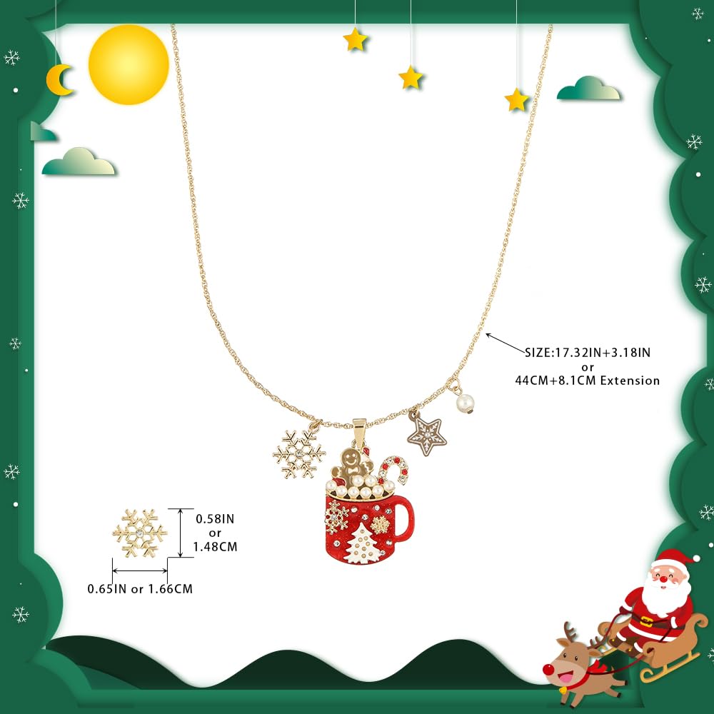 Madison Tyler Mug Christmas Pendant Necklace Set for Women | Statement Christmas Candy Cane Gingerbread Pearl Acrylic Glass | Gold Snowflake Earrings | Xmas Holiday Necklaces