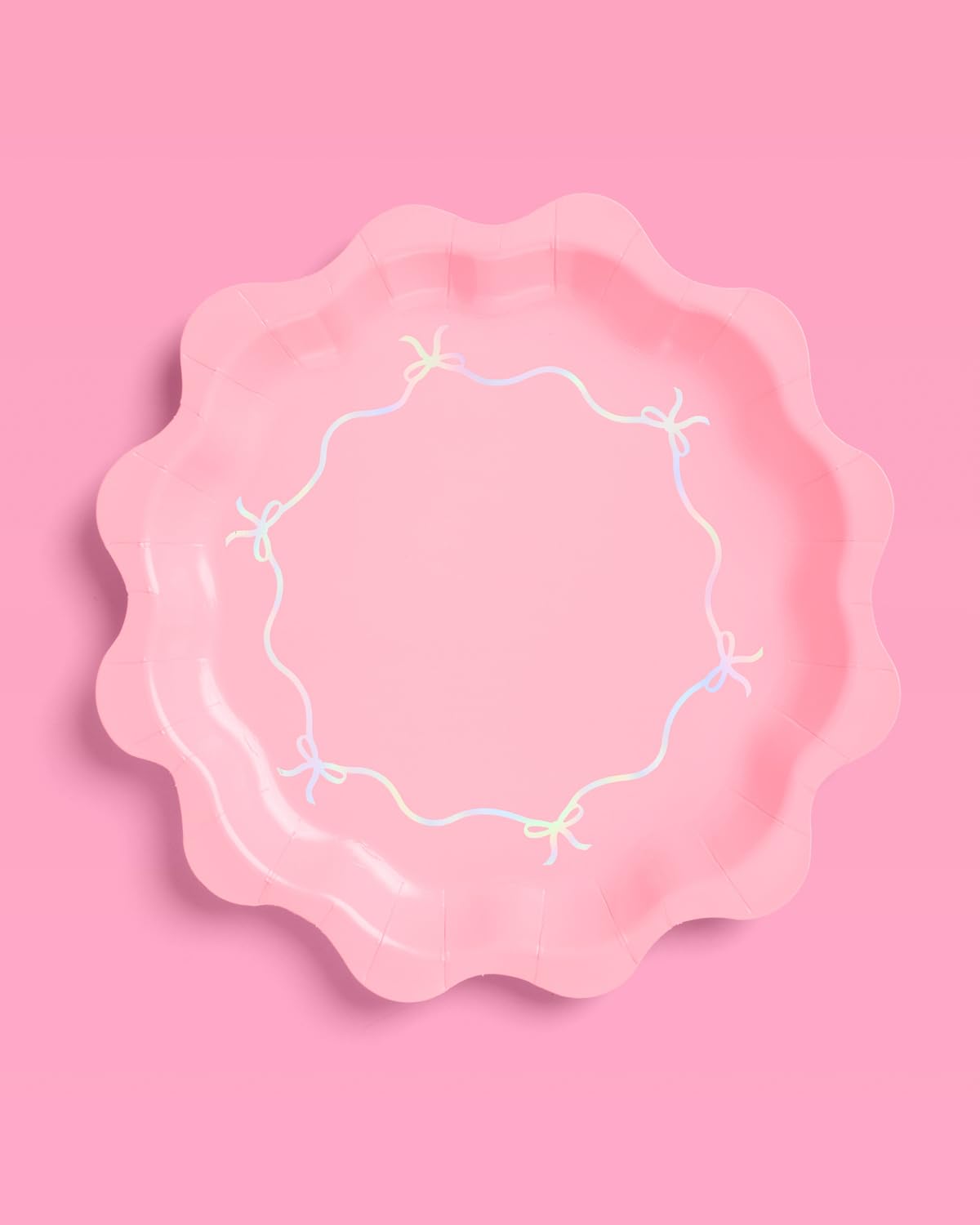 xo, Fetti Pink + Iridescent Wavy Bow Plates - 24 pcs | Bachelorette Decorations, Happy Birthday Party, Baby Shower, Cute Disposable Tableware, Bday Supplies, Bridal Shower