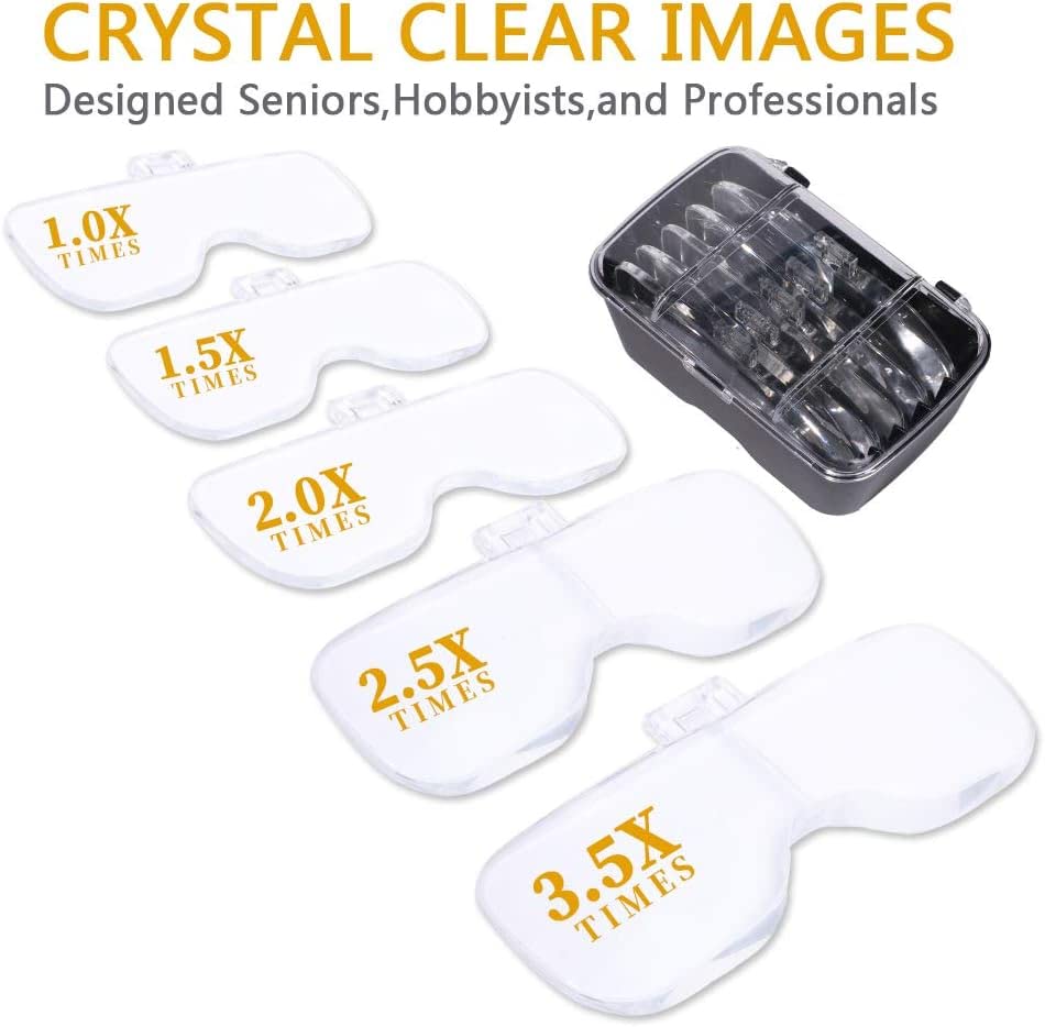 Hands Free Headband Magnifying Glass, USB Charging Head Magnifier with LED Light Jewelry Craft Watch Hobby 5 Lenses 1.0X 1.5X 2.0X 2.5X 3.5X (Upgraded Version)