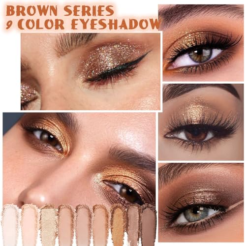 evpct 9 Colors Nude Pink Brown Maroon Glitter Shimmer Matte Eye Shadow Palette Makeup, Highly Pigmented Waterproof Brown Nude Maroon Cocoa Chocolate Shimmer Sparkling Party Eyeshadow Palette