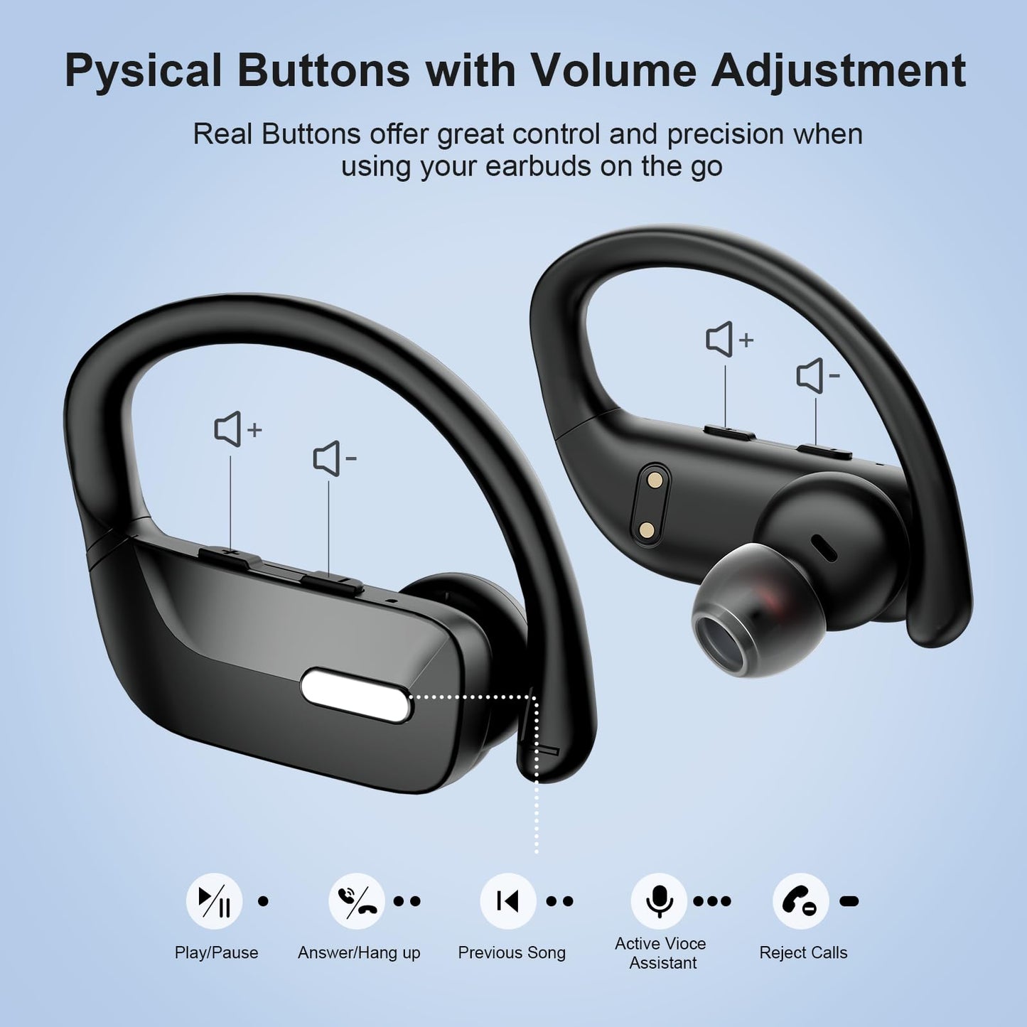 occiam Wireless Earbuds Bluetooth Headphones 48H Play Back Earphones in Ear Waterproof with Microphone LED Display for Sports Running Workout Black