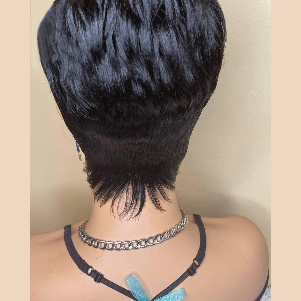 RICONEY Short Bob Wigs for Black Women Human Hair Pixie Cut Wig with Bangs Glueless Short Pixie Wig Layered None Lace Front Wig Full Machine Made 1B Color