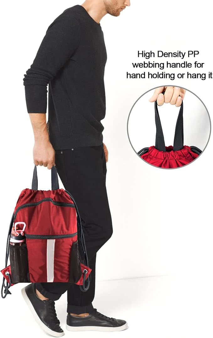 BeeGreen Drawstring Backpack Bag with Shoe Compartment, X-Large Black Gym Sports String Cinch Backpack