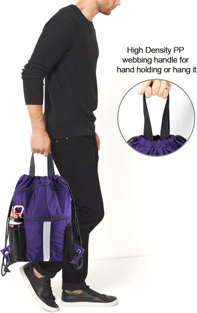 BeeGreen Drawstring Backpack Bag with Shoe Compartment, X-Large Black Gym Sports String Cinch Backpack