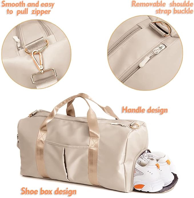 Small Gym Bag for Women and Men, Workout Bag for Sports and Weekend Getaway, Waterproof Dufflebag with Shoe and Wet Clothes Compartments (Beige)