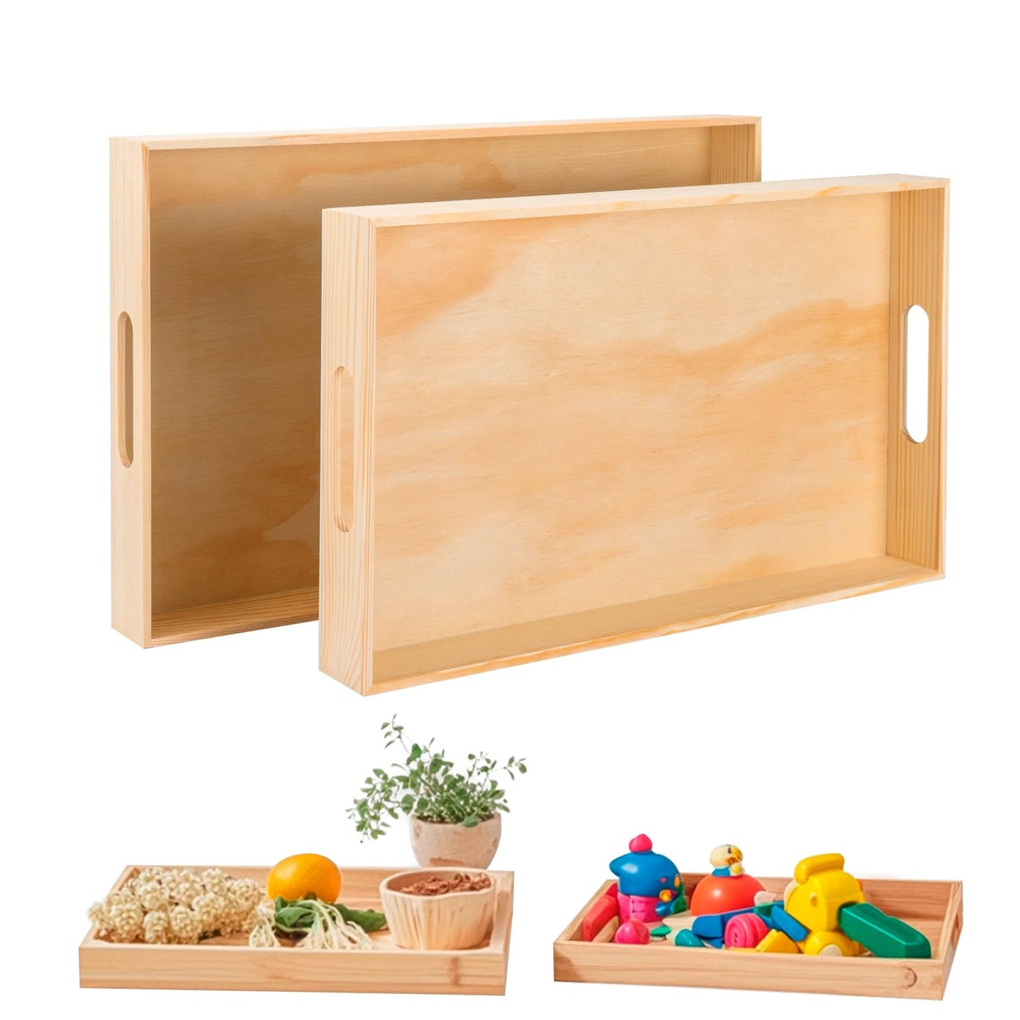 Wooden Serving Trays with Handle - 2 Pieces Unfinished Wood Nested Breakfast Food Serving Trays for Craft Kids Montessori Snacks Home Decor Kitchen Party Dinner