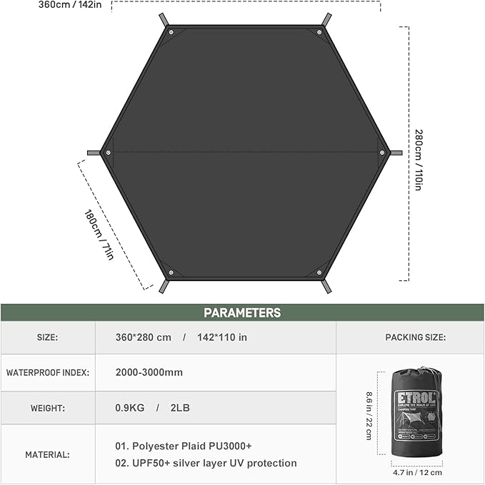 Waterproof Camping Tarp - 5 in 1 Multifunctional Hammock Tarp, UV Protection and PU 3000mm Waterproof Rain Fly for Tent, Backpack, Survival, Footprints, Beach - Lightweight Ripstop Compact