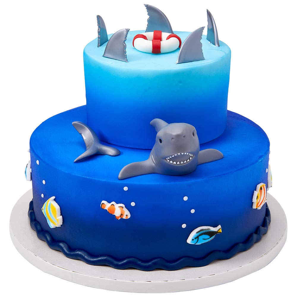 Shark Creations Cake Decorating Set Cake Topper and 24 Shark Fin Cupcake Topper Picks plus Bundle of Fun Sticker