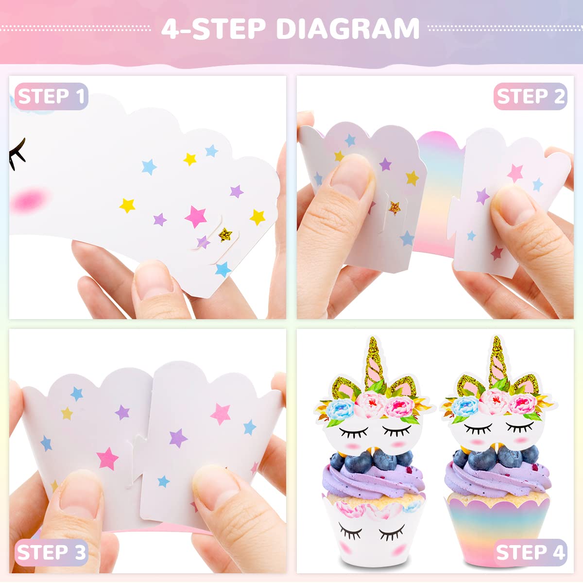 Unicorn Cake Decorations, Double-sided Unicorn Cupcake Wrappers & Toppers, 3-Tier Cake Stand, Unicorn Cake Topper for Unicorn Themed Parties, 68pcs