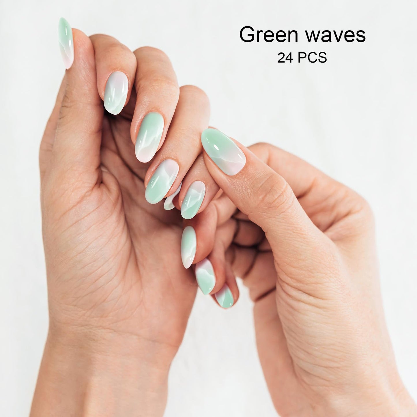 DUKASOU Semi Cured Gel Nail Strips, Green waves| 28 pcs Chinese Style Gel Nail Strips Work with Any UV Lamp, Salon Quality New chinese nail stickers, Include Prep Pads, Nail File&Wood Stick