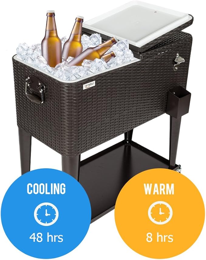 VINGLI 80 Quart Rolling Ice Chest on Wheels, Portable Patio Party Bar Drink Cooler Cart, Wicker PP Rattan with Shelf, Beverage Pool with Bottle Opener