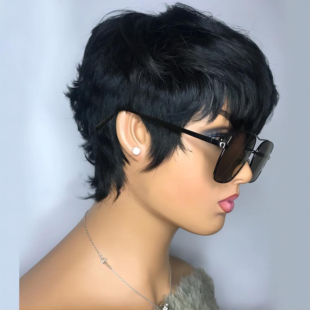 RICONEY Short Bob Wigs for Black Women Human Hair Pixie Cut Wig with Bangs Glueless Short Pixie Wig Layered None Lace Front Wig Full Machine Made 1B Color