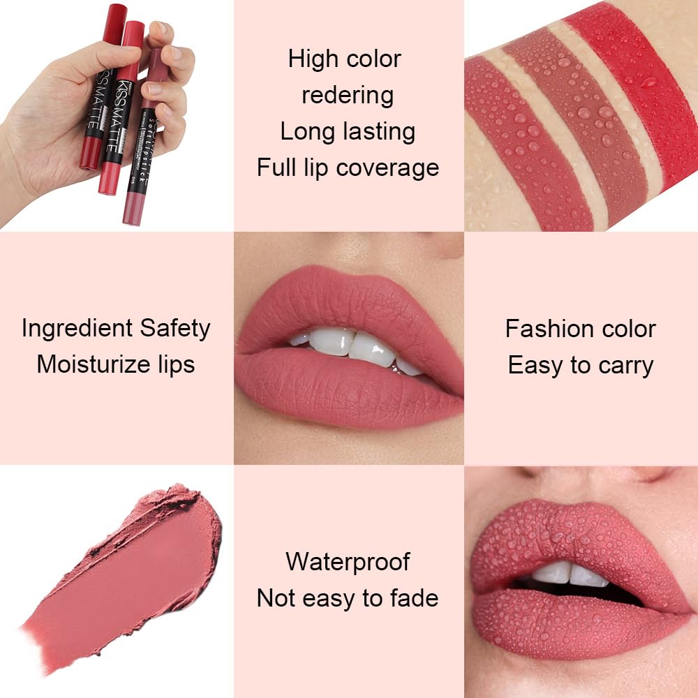 evpct 1Pcs Nude Bright Pink Matte Lipstick and Lip Crayon Liner Pencil Set for Women Lip Stain Long Lasting Waterproof labiales mate magicos 24 horas originales pintalabios permanente 24 horas 15