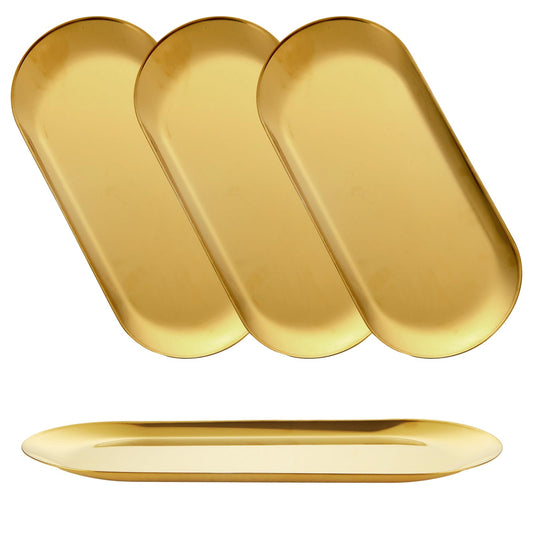 AKOLAFE 4PCS Stainless Steel Serving Tray Set Gold Platters for Serving Food Party Large Metal Trays Decorative 12" Long Plate Oval Storage Trays Thickened Serving Dishes for Entertaining Sushi Snack