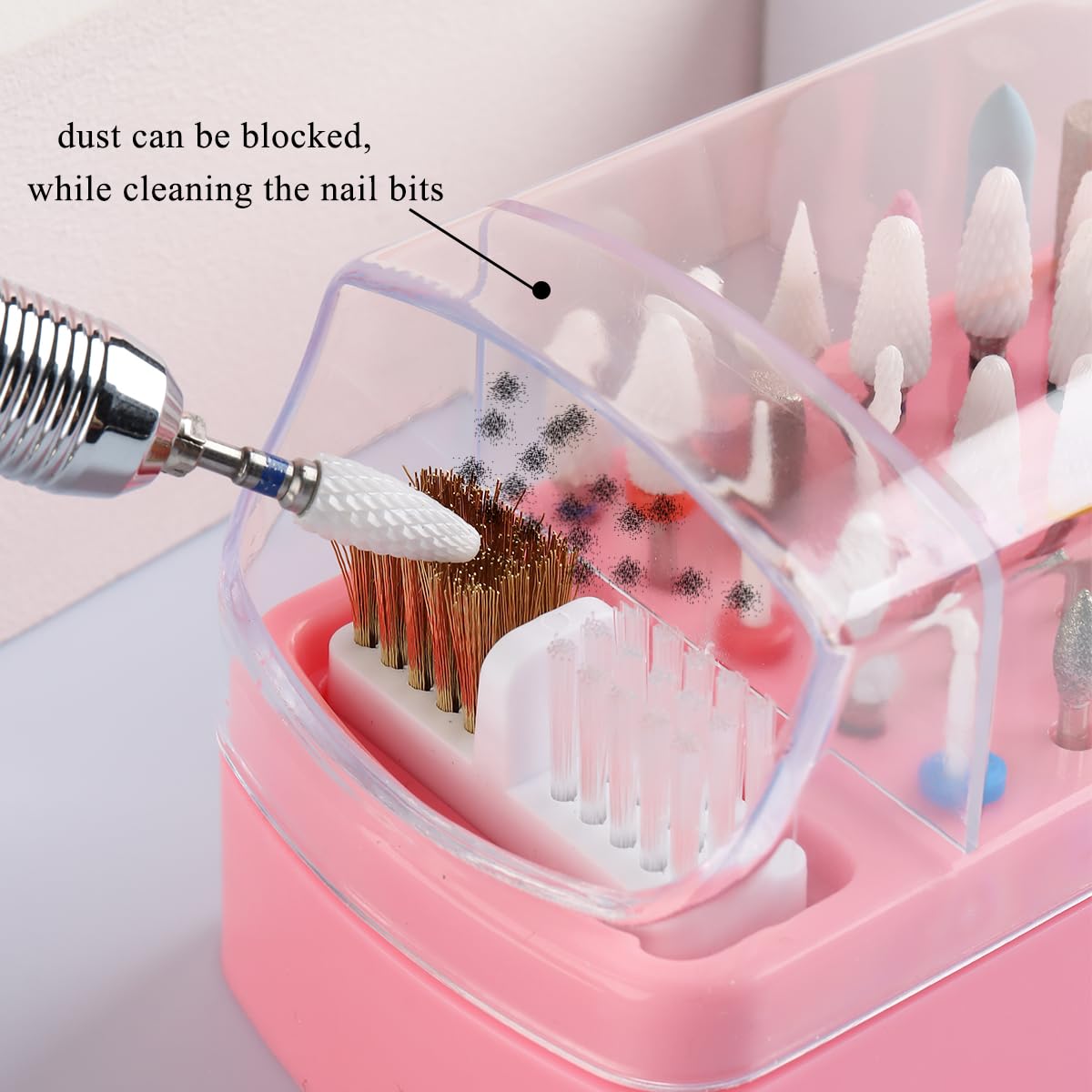 Fcozpjk 2 in 1 Pink Nail Drill Bit Holder and Nail Drill Bits Cleaner Brush Case, 30 Holes Dust-proof Nail Bit Holder Organizer Display Storage Box, Nail Bit Cleaning Case Manicure Container Tool