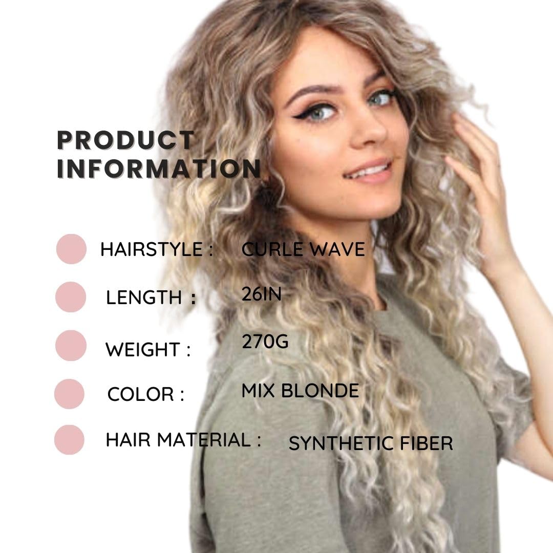 Fencca Ash Blonde Long Curly Wigs for Women Ombre Color Heat Synthetic Curly Wig Mix Blonde Curly Wavy Wig Layered Natural Daily Party Wig
