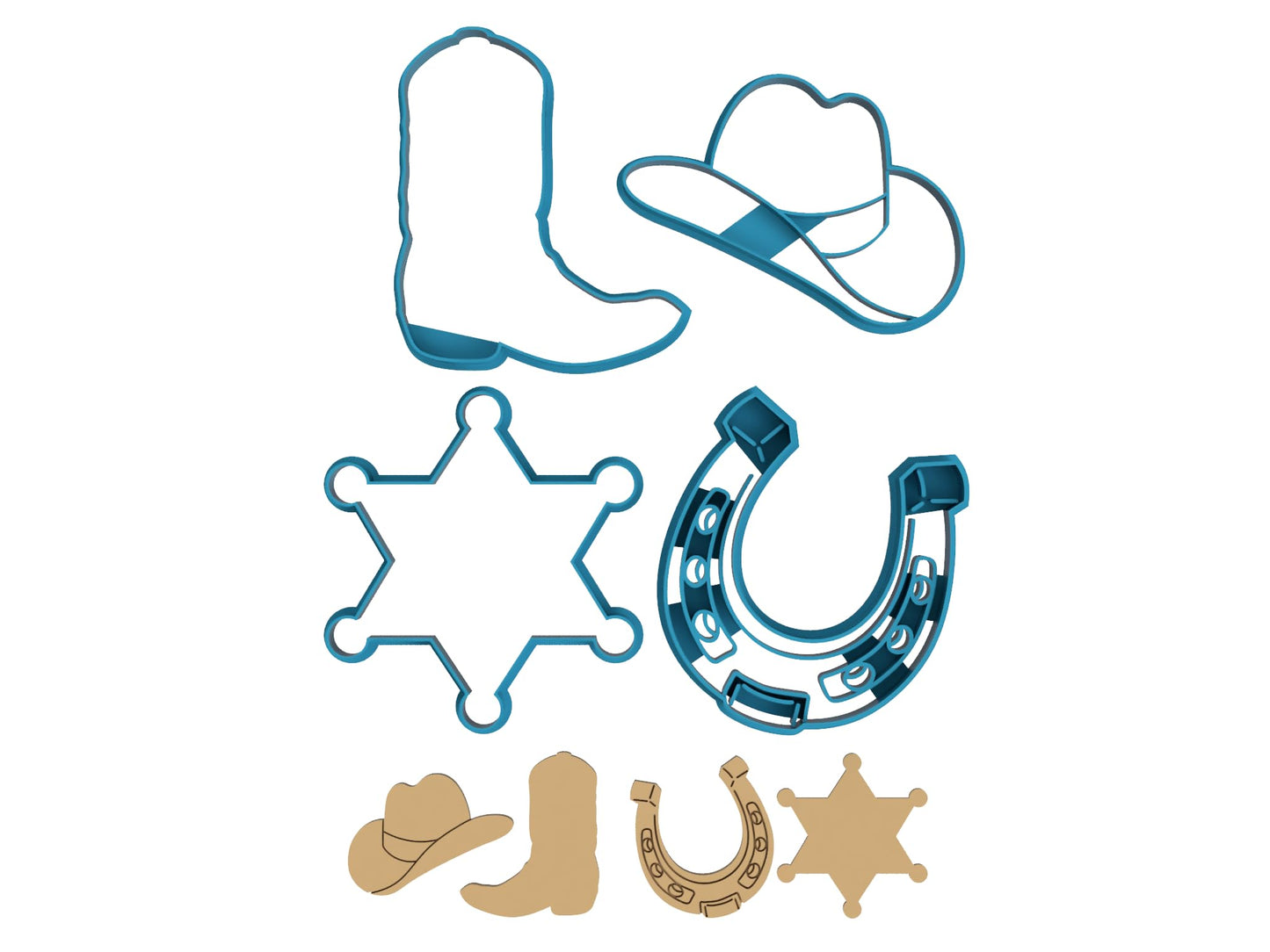 4 Piece Cowboy Cookie Cutter Set - Includes Wild West Country Cowboy Cowgirl Boot, Rustic Western Rodeo Hat, Detailed Horseshoe, Gold Star Sheriff's Badge (4 Inch)