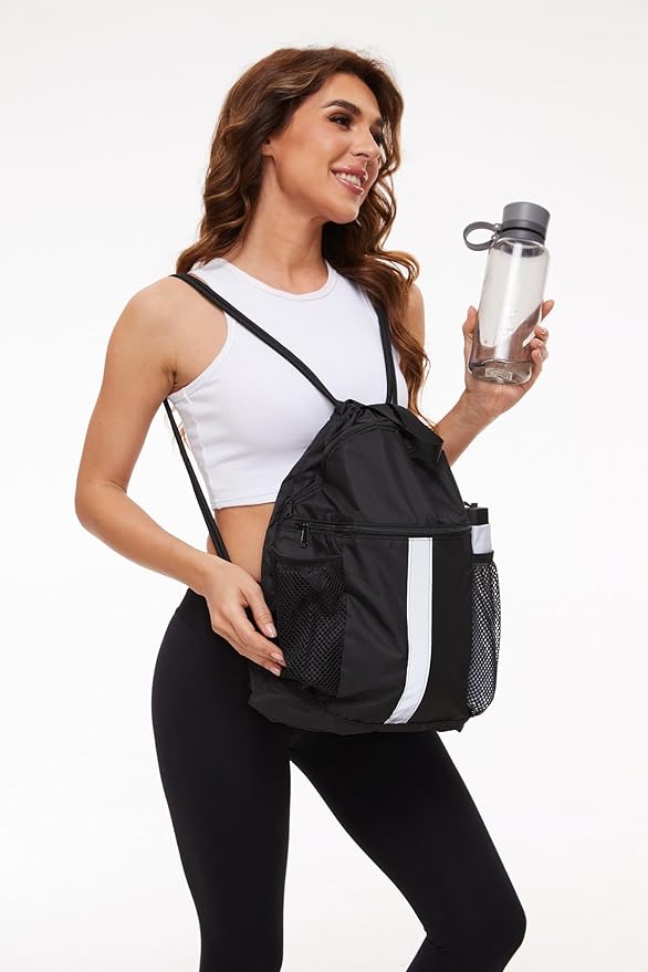 BeeGreen Drawstring Backpack Bag with Shoe Compartment, X-Large Black Gym Sports String Cinch Backpack