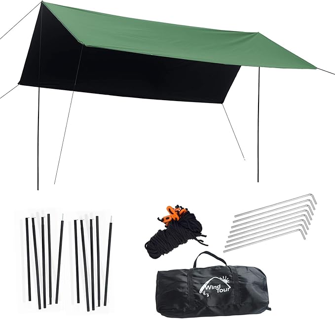 Wind Tour Portable Multifunctional Outdoor Camping Traveling Awning Backpacking Tarp Sunshade Lightweight UV Protection and PU 3000mm Waterproof Rain Fly Tarp Shelter (177×236 inches)