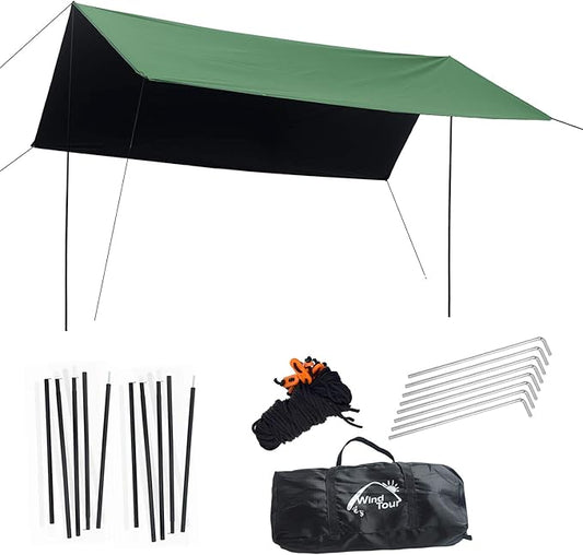 Wind Tour Portable Multifunctional Outdoor Camping Traveling Awning Backpacking Tarp Sunshade Lightweight UV Protection and PU 3000mm Waterproof Rain Fly Tarp Shelter (177×236 inches)