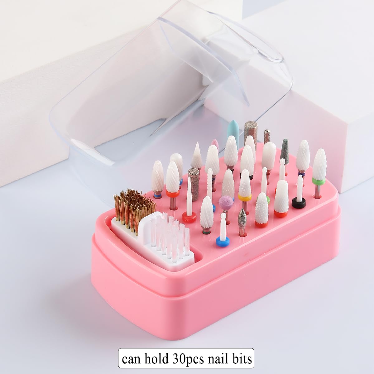 Fcozpjk 2 in 1 Pink Nail Drill Bit Holder and Nail Drill Bits Cleaner Brush Case, 30 Holes Dust-proof Nail Bit Holder Organizer Display Storage Box, Nail Bit Cleaning Case Manicure Container Tool