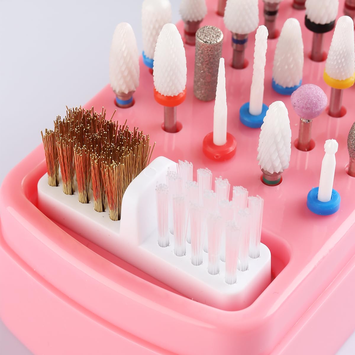 Fcozpjk 2 in 1 Pink Nail Drill Bit Holder and Nail Drill Bits Cleaner Brush Case, 30 Holes Dust-proof Nail Bit Holder Organizer Display Storage Box, Nail Bit Cleaning Case Manicure Container Tool