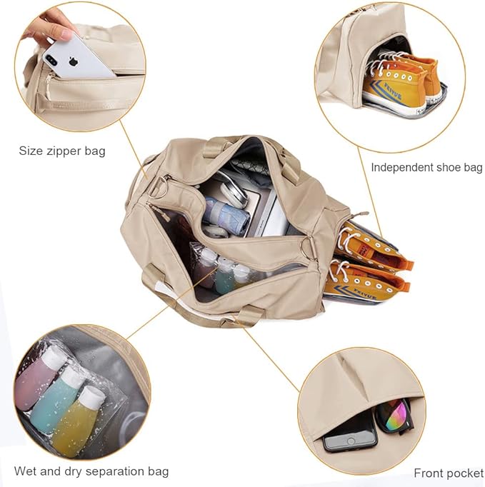 Small Gym Bag for Women and Men, Workout Bag for Sports and Weekend Getaway, Waterproof Dufflebag with Shoe and Wet Clothes Compartments (Beige)