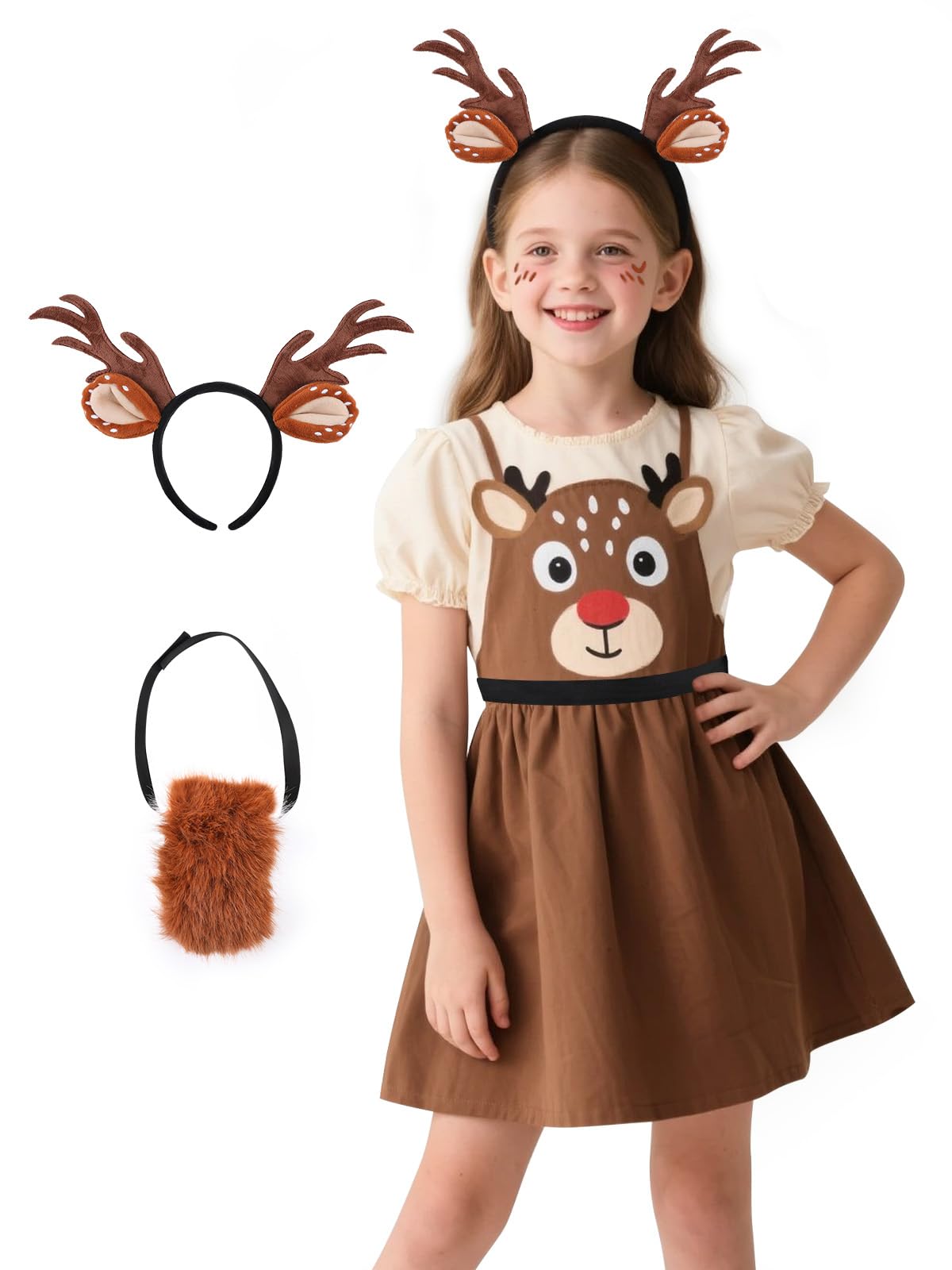 ROC PARTY Reindeer Antlers Headband and Tail Set – Fluffy Deer Ears, Antlers, and Tail for Kids – Brown Animal Costume Accessories for Christmas, Halloween, Party & Cosplay