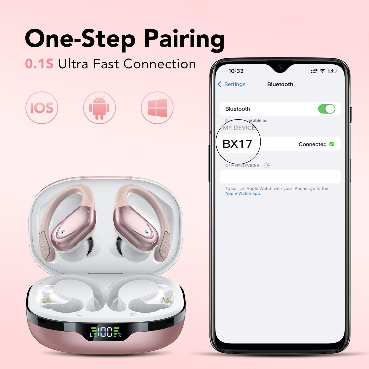 Ear buds Wireless Earbuds Bluetooth 5.3 Headphones 60hrs Playtime with Digital Display Sports Wireless Headphones with Earhook Deep Bass IPX7 Waterproof Over-Ear Earbuds for Android iOS Workout Rose