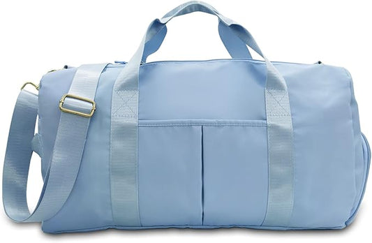 Small Gym Bag for Women and Men, Workout Bag for Sports and Weekend Getaway, Waterproof Dufflebag with Shoe and Wet Clothes Compartments (Light blue)