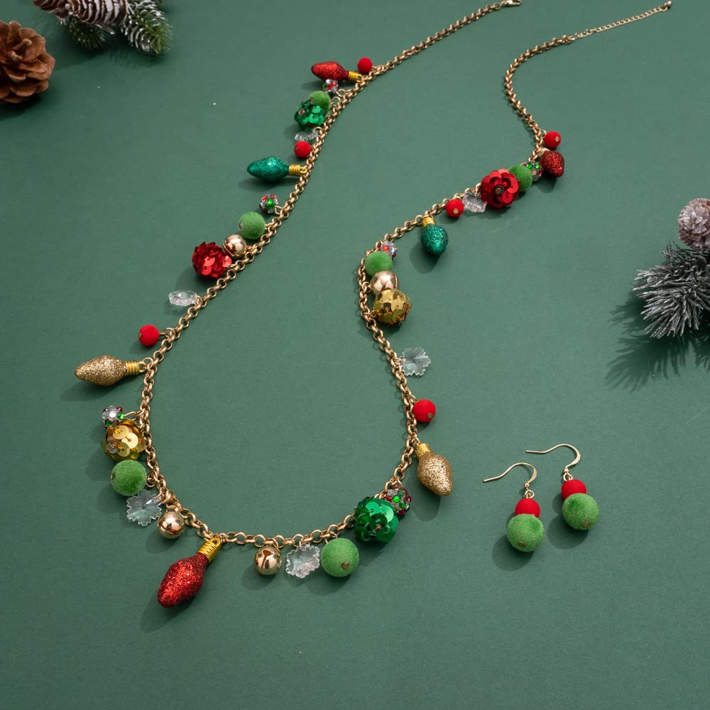 Madison Tyler Christmas Necklace Jewelry Set for Women | Statement Christmas Jingle Bells Light Bulbs Necklace | Dangle Ball Earrings | Xmas Holiday Necklaces Gifts