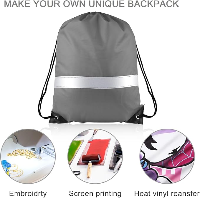 KUUQA 12 Pcs Drawstring Backpack Bag Bulk Reflective Backpack Gray String Bags Cinch Sack Backpack for Team Yoga Sport Gym Traveling