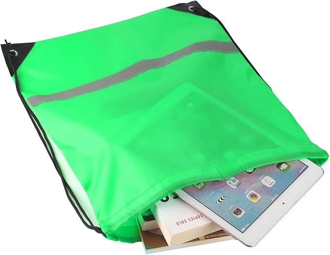 KUUQA 12 Pcs Drawstring Backpack Bag Bulk Reflective Backpack Green String Bags Cinch Sack Backpack for Team Yoga Sport Gym Traveling