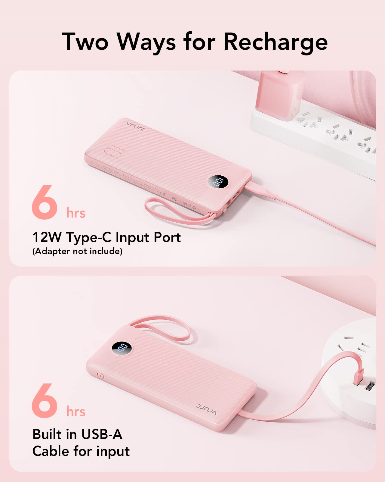 VRURC Portable Charger Power Bank, 10000mAh Travel Essentials Battery Pack, 5 Outputs 2 Inputs Slim Charging Bank Built-in Cables Cords Wires Compatible with iPhone,Samsung,Android-Pink(1 Pack)