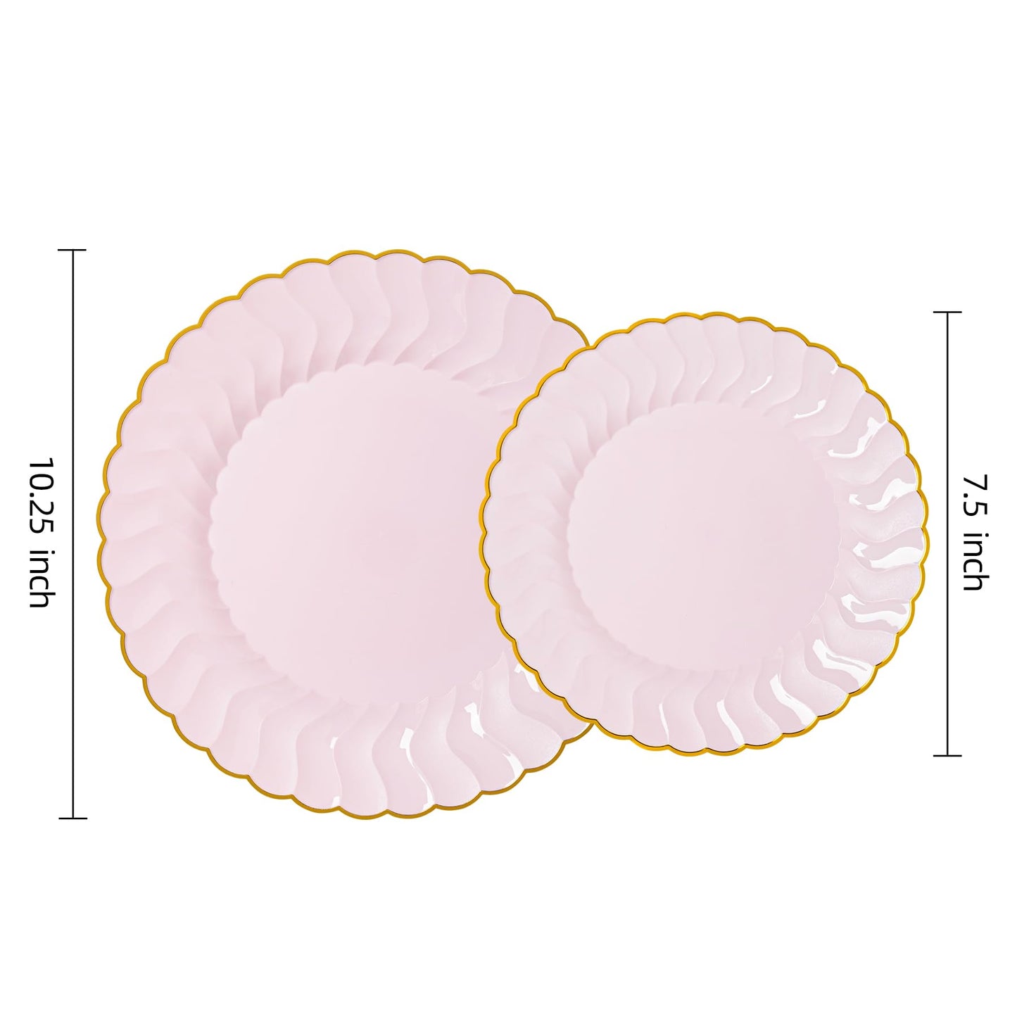 Lullaby 60PCS Pink Scalloped Plastic Plates with Gold Rim, Disposable Elegant Plates Include 30pcs Dinner Plate 10.25", 30pcs Dessert Plate 7.5", Perfect for Daily Use, Wedding and Party