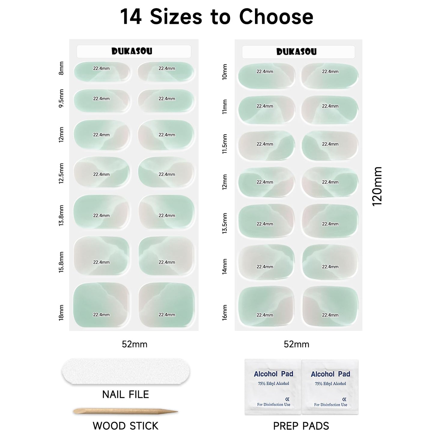 DUKASOU Semi Cured Gel Nail Strips, Green waves| 28 pcs Chinese Style Gel Nail Strips Work with Any UV Lamp, Salon Quality New chinese nail stickers, Include Prep Pads, Nail File&Wood Stick