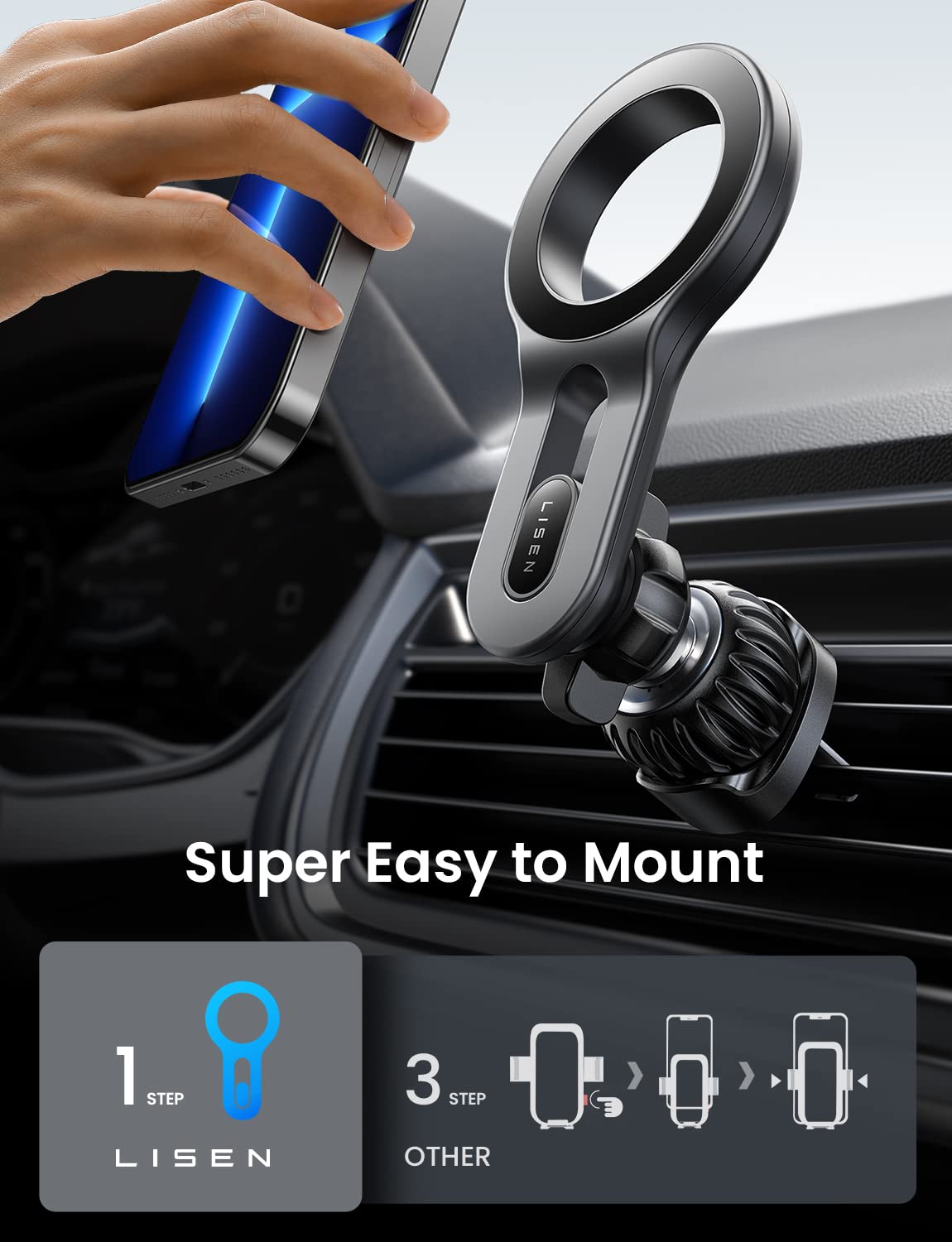 LISEN for MagSafe Car Mount Magnetic Car Phone Mount, Air Vent Phone Holder Car [Super Strong Magnets] Hands Free Cell Phone Holder 17X Strong Clip Car Accessories fit iPhone 16 15 14 13 Pro Plus Max