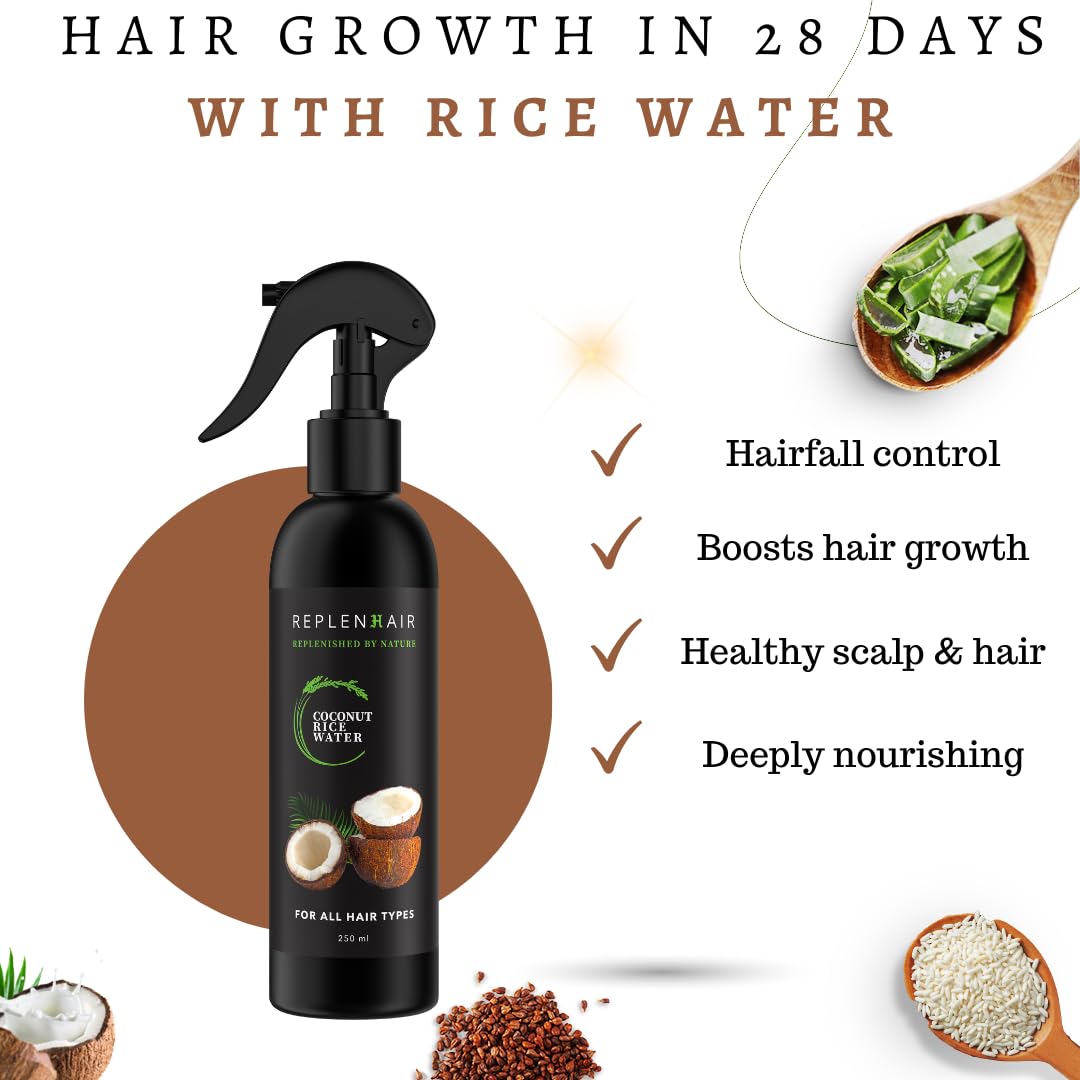 Replenhair Rice Water Coconut Hair Growth Spray - Leave In Conditioner Infused with Coconut Oil Hair & Essential Oil for Hair Growth, Reduces Hair Fall, Dandruff & & Promotes Thicker Hair - 250ml