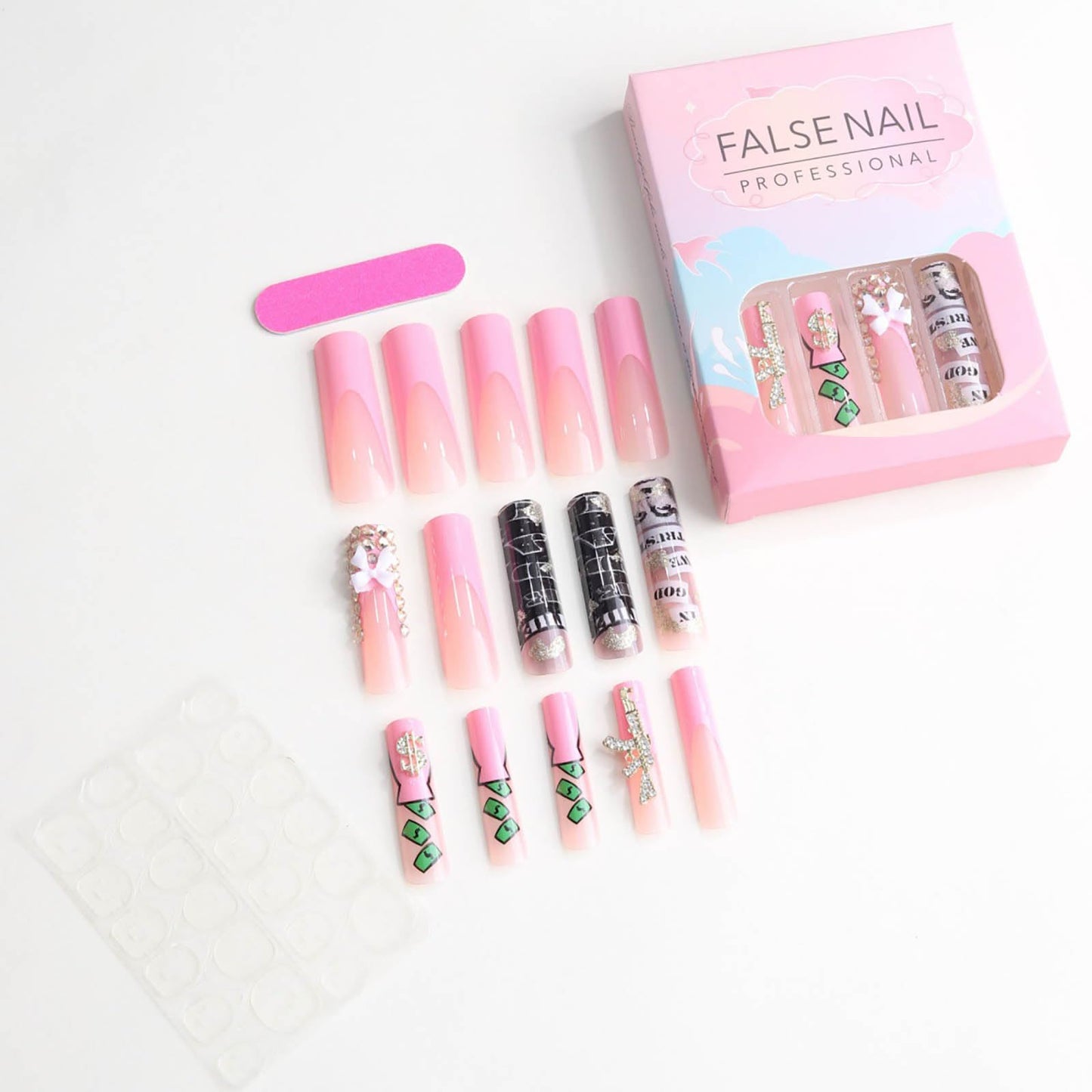 RUOKEXIN Square Press on Nails Long Fake Nails French Tip False Nails with 3D Bow Designs Long Nail Press ons Sparkly Artificial Nails Rhinestones Glue on Nails Cute Stick on Nails for Women 24Pcs