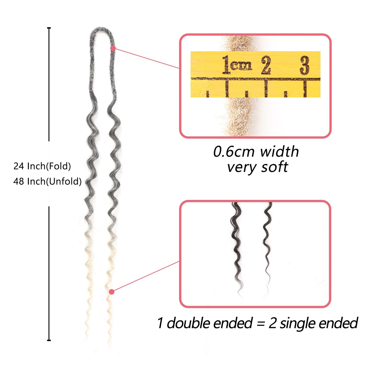 Leeven Wavy Double Ended Dreadlock Extensions 24 Inch Black to Blonde Ombre DE Curly Synthetic Dreads 10 Strands Boho Dread Extensions Braid in Handmade Hippie Dreads Thin Wool Dreads for Women Men