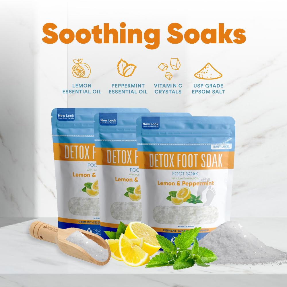 Detox Foot Soak (3 Pack Plus Scoop) Epsom Salt Soothing Soaks and Athlete's Foot Detox with Essential Oils in BPA Free Pouch with Press Lock Seal (Bundle with Three 2 Lbs Pouches 6 Lbs Total)