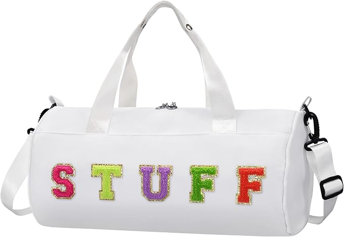 Chenille Letter Stuff Tote Bag 16 Inch, Small Gym Duffle Bag for Travel Dance Sports Workout Camping, Carry On Cheer Ballet Overnight Weekender Bags Birthday Christmas Gifts for Girls Kids Teens Women