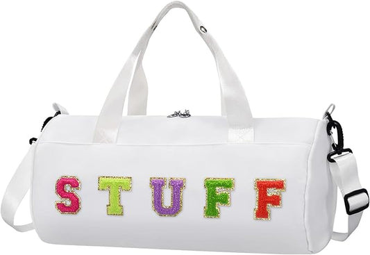 Chenille Letter Stuff Tote Bag 16 Inch, Small Gym Duffle Bag for Travel Dance Sports Workout Camping, Carry On Cheer Ballet Overnight Weekender Bags Birthday Christmas Gifts for Girls Kids Teens Women
