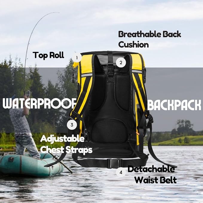 Waterproof Dry Bag Backpack for Kayaking, Roll Top Kayak Dry Backpack, Floating Outdoor Dry Sack Boating Sailing Canoeing Rafting Fishing Camping 35L Yellow