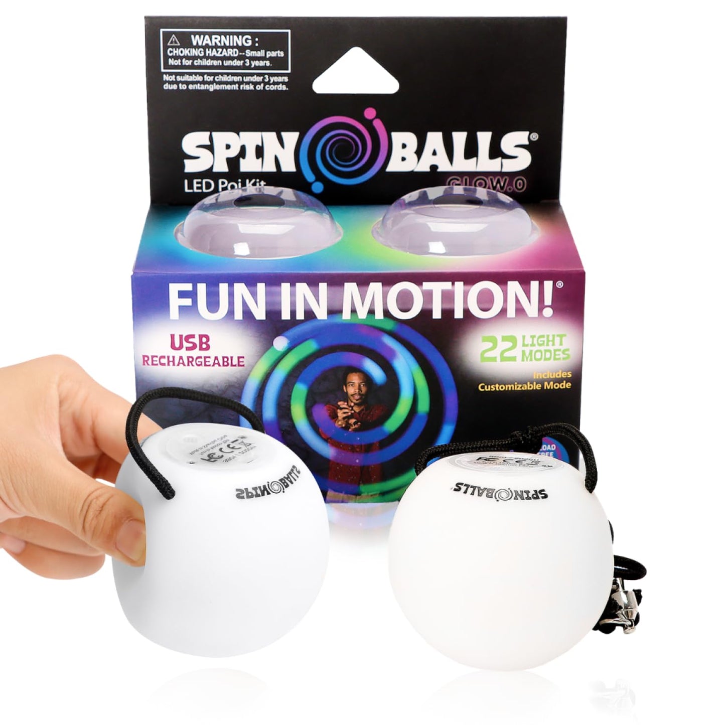 SPIN BALLS Glow.0 LED Poi – USB Rechargeable w/ 22 Vibrant Color Light Modes & Patterns – Durable, Soft-Core Spinning Balls w/Adjustable Leashes & Double-Loop Handles
