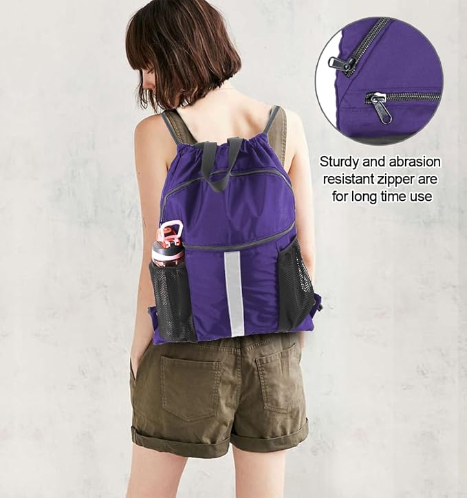 BeeGreen Drawstring Backpack Bag with Shoe Compartment, X-Large Black Gym Sports String Cinch Backpack